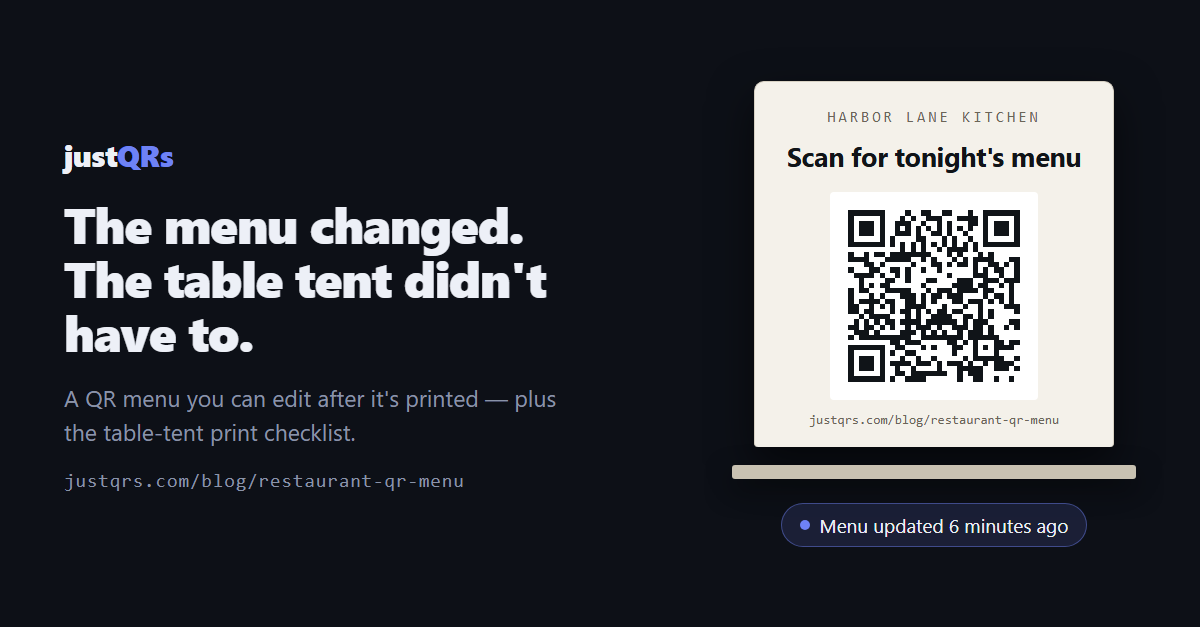 A restaurant table tent reading "Scan for tonight's menu" with a real QR code, beside a note that the menu was updated six minutes ago